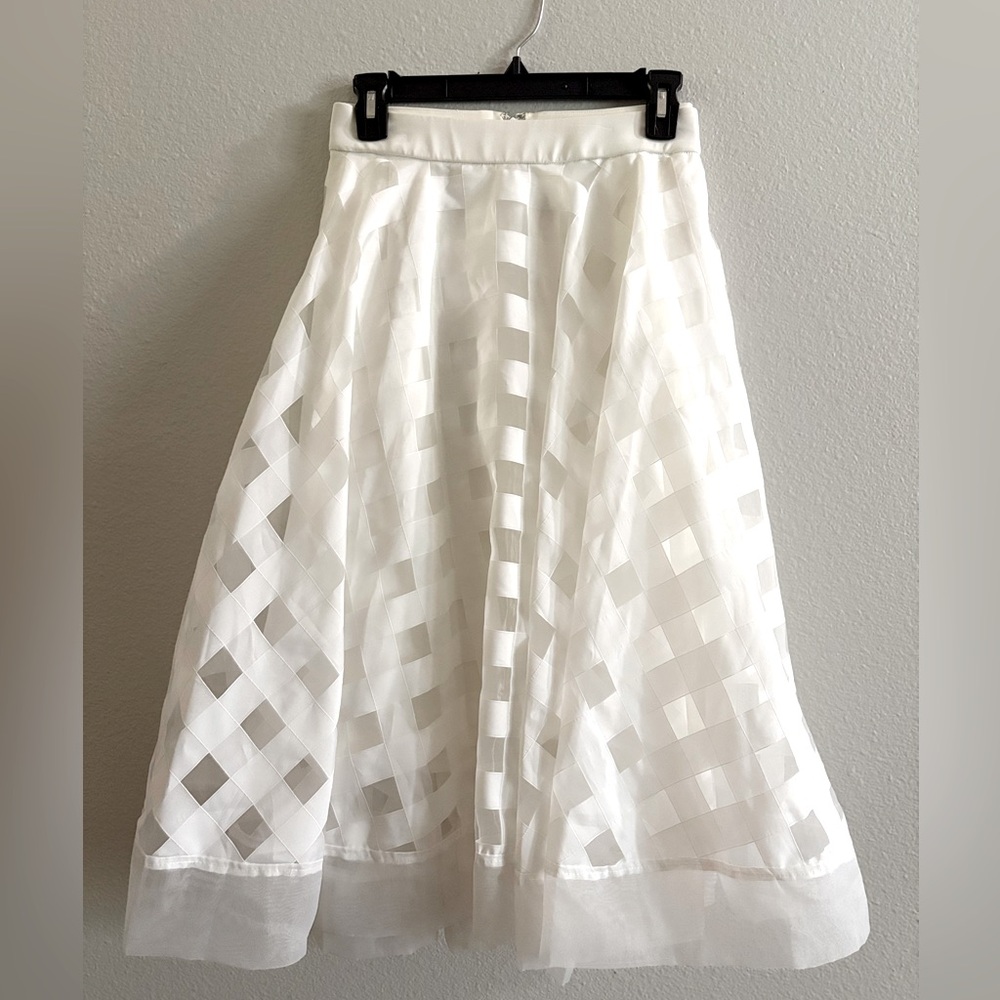 Christian Siriano White Sheer Checkered Midi Skirt